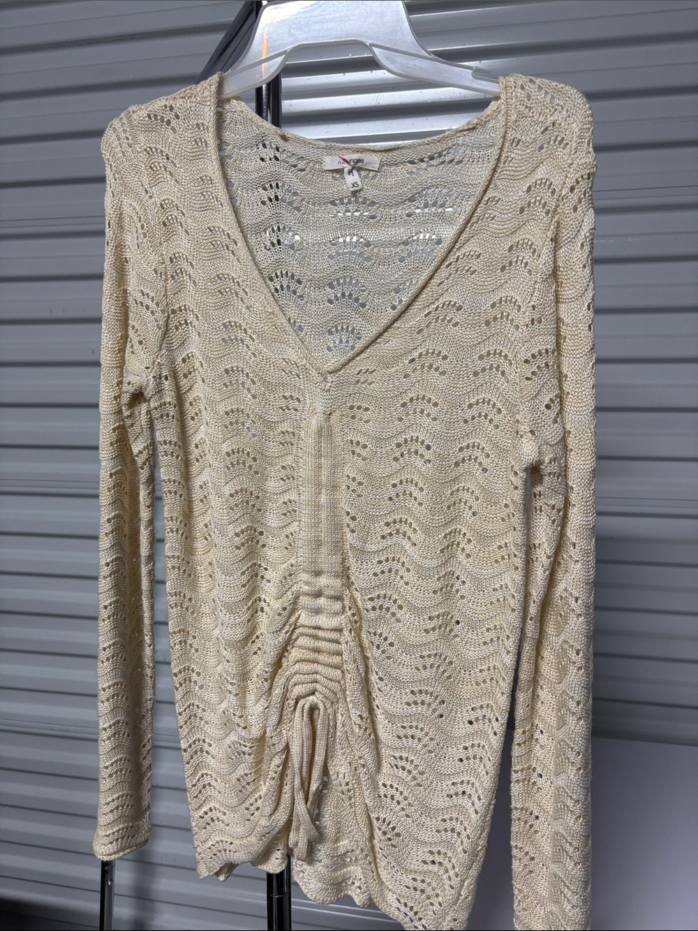 Maurices Cream Open-Knit V-Neck Long Sleeve Top